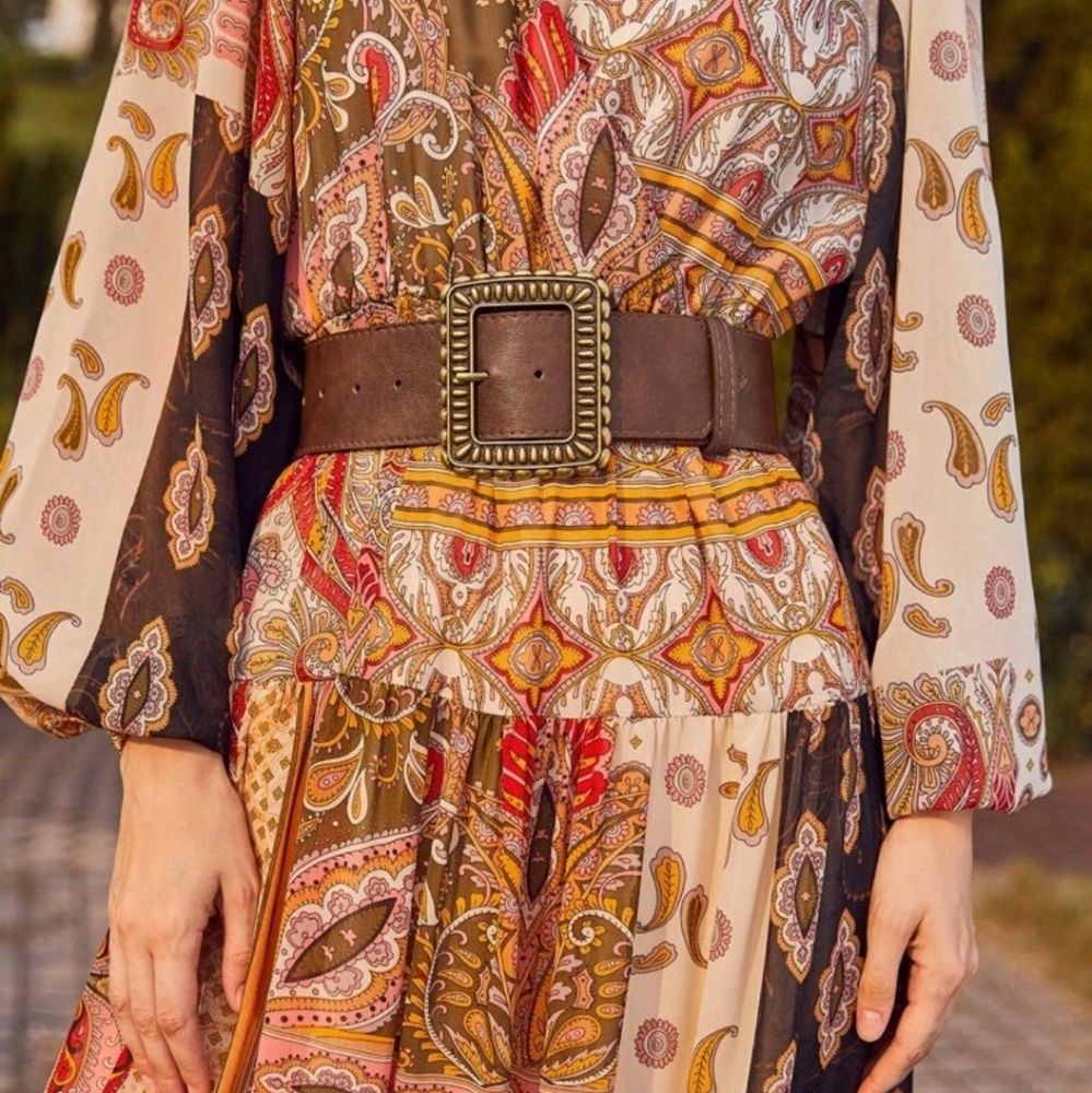 Women's wide brown vegan leather boho chic vintage big bronze buckle waist belt - Picture 4 of 17